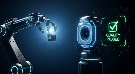Computer vision for quality control. A robotic arm presents a product to a holographic camera, which scans it and displays "QUALITY PASSED."