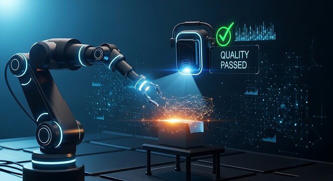 Computer vision for quality control. A robotic arm presents a product to a holographic camera, which scans it and displays "QUALITY PASSED."