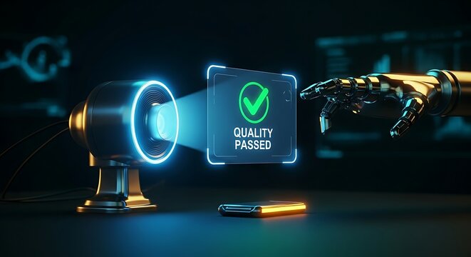 Computer vision for quality control. A robotic arm presents a product to a holographic camera, which scans it and displays "QUALITY PASSED."