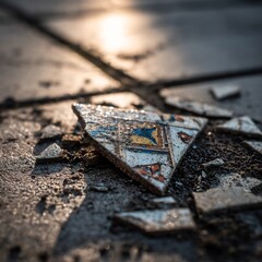 Macro close up of broken tile shard embedded sidewalk ceramic pattern fragment catching sunlight...
