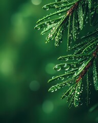 Water droplets cling to pine needles, blurry green forest background