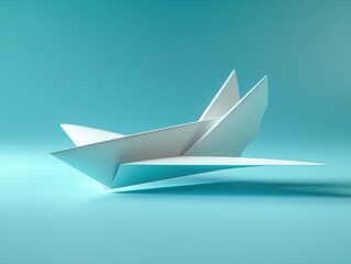 White origami paper airplane, close up, on blue gradient background, studio lighting