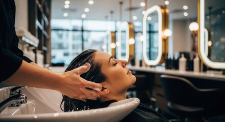 Woman getting hair washed in modern salon, with lit mirrors & dark cabinets