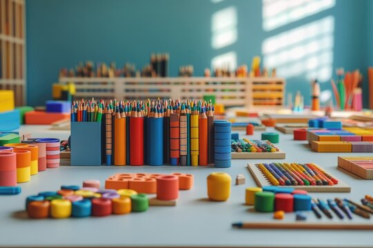 A colorful collection of art supplies and educational toys are neatly arranged on a table, creating a vibrant learning environment.