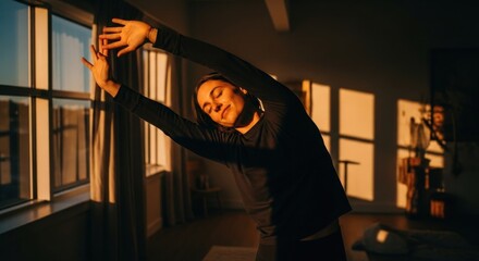 Woman stretches arms up in sunlight, indoor apartment setting, relaxed
