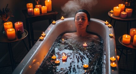 Woman relaxing in a candlelit bath with flowers floating on the water