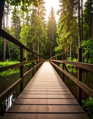 Wooden bridge through a lush forest. Sunlight streams through trees