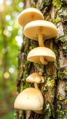 Pale mushrooms clustered on tree trunk, bathed in sunlight
