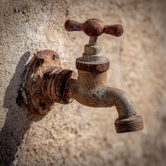 Macro of rusty faucet on an abandoned lot wall corrosion around valve mineral buildup on spout...