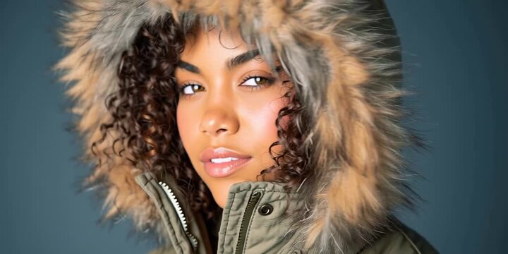 Gen Z model wearing fashionable parka with fur-lined hood