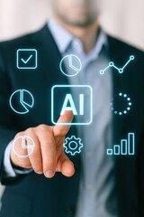 Business Professional Interacting with Virtual AI Data Analysis Interface in Modern Office Setting