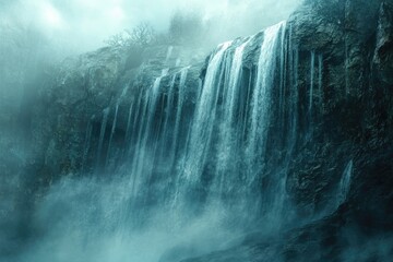 A majestic waterfall cascades down a misty, dark cliff face, creating a serene yet mysterious atmosphere.