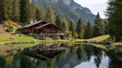 Wooden house by a pond in mountains
