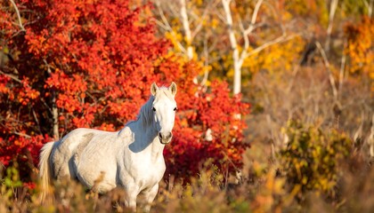 White horse in autumn foliage