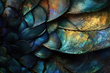 Close-up view of iridescent bird feathers, showcasing intricate textures and vibrant teal, gold, and blue hues.