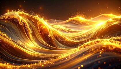 Fototapeta premium Golden liquid waves flowing across a dark background