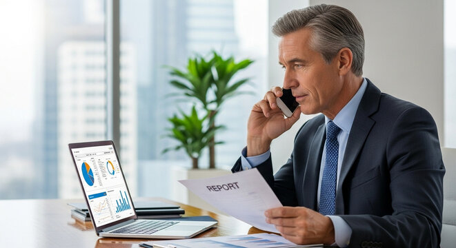 Positive financial specialist senior man working on laptop computer in office, having cell phone call. Mature businessman professional using pc, analysing business project, holding report document