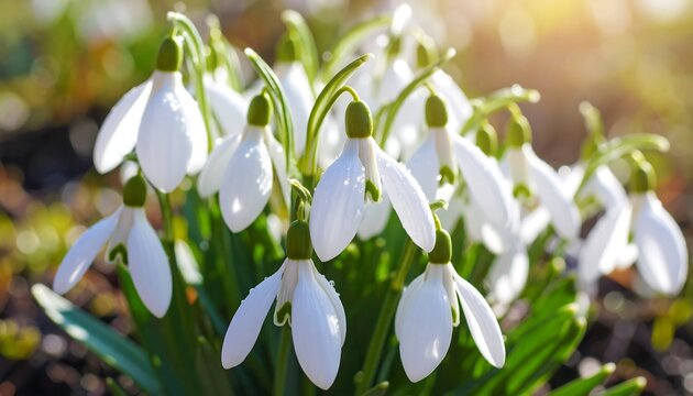Spring snowdrops in sunlight