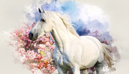 White horse in blossom, watercolor style
