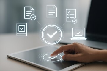 Hand Touching Tablet with Digital Checkmarks and Documents, Representing Productivity and Efficiency