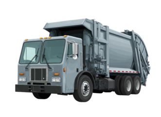 Gray garbage truck, front view