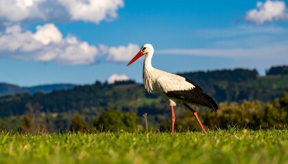 Fototapeta premium Stork on grassy hilltop under a partly cloudy sky