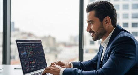 Smiling 40s mature Latin business man ceo trader using computer, typing, working in modern office, doing online data market analysis, thinking planning tech strategy looking at laptop with copy space.