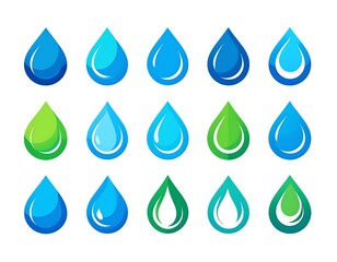 Water drop icons in various shades of blue and green