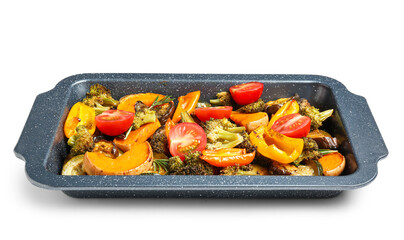 Baking dish with tasty baked broccoli, bell pepper, tomatoes, zucchini and pumpkin isolated on white background