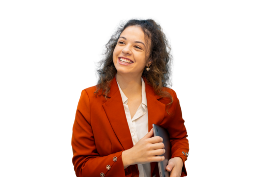 Professional businesswoman smiling, holding laptop while looking aside, white background studio portrait