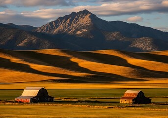 Golden Hour Over Rolling Hills: Amber Sunlight Paints Fields and Rugged Mountains with Rustic Barns Nestled Below a Dramatic Cloudscape, Creating a Timeless Landscape.