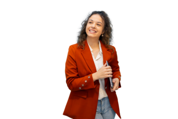 Professional businesswoman smiling, gripping digital tablet, standing against clean white backdrop, optimized for graphic design layouts