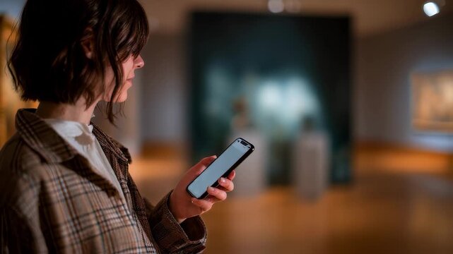 Medium shot capturing a curator using a smartphone app to organize and tag digital art files with the contemporary gallery space gently blurred in the background.