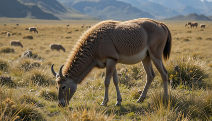 Naklejka premium A Tibetan antelope grazes peacefully in a high-altitude pasture, surrounded by a herd of sheep against a mountainous backdrop.