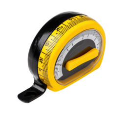 Compact, circular measuring tape with a yellow and black design.  