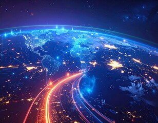 Global network of light trails over a world map