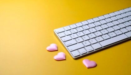 White keyboard with pink hearts on a bright yellow background