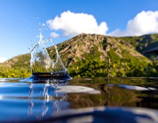 Water droplet splash reflecting mountains