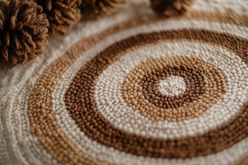 Close-up of a circular, hand-tufted rug with concentric brown and cream yarn circles.