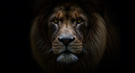 Fototapeta premium Lions face Dark backdrop Focused intense gaze thick mane