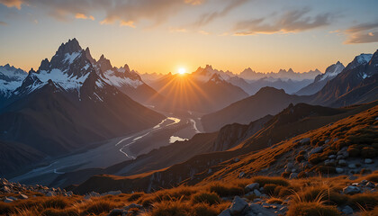 Majestic sunset illuminates snow-capped peaks and valley river.