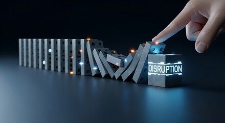 Market disruption concept. A hand pushes a domino that topples old, gray blocks, but the last piece is a new, stronger, glowing block labeled "DISRUPTION."