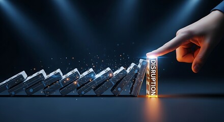 Market disruption concept. A hand pushes a domino that topples old, gray blocks, but the last piece is a new, stronger, glowing block labeled "DISRUPTION."