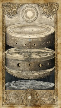 An antique-style illustration depicts a three-tiered celestial model, possibly representing a geocentric worldview, set within an ornate frame.  The artwork uses sepia tones and intricate detailing