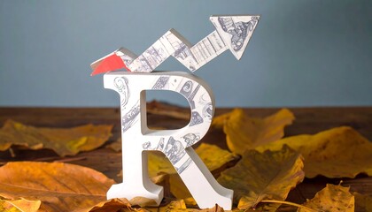 White letter 'R' with dollar bills and upward trend