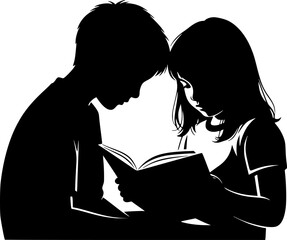 boy and girl reading book silhouette vector illustration
