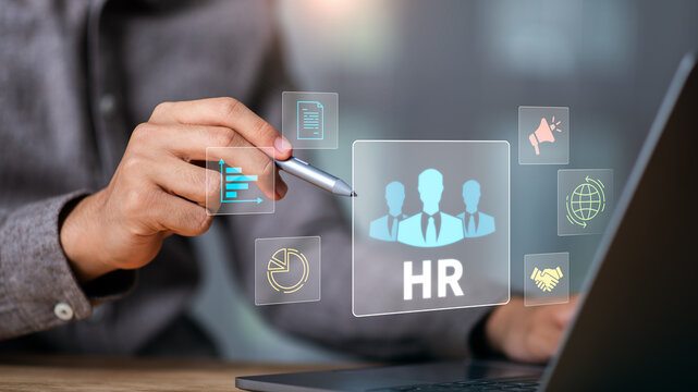 Digital HR interface with icons showing employee analytics, recruitment strategy, global connectivity, performance data, and teamwork solutions, illustrating modern human resources management. - Powered by Adobe
