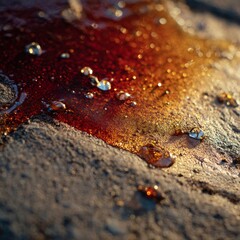 Macro of soda spill drying pavement sticky residue catching sunlight insects nearby texture and realism emphasized in close frame urban detail moment 43 aspect ratio
