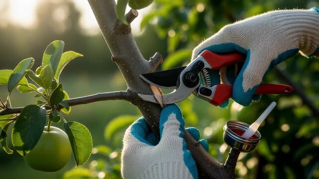 Fruit tree care in sunlight medium shot of careful trimming using bypass pruners for smooth cuts followed by sealing to support tree health and future fruit yield.