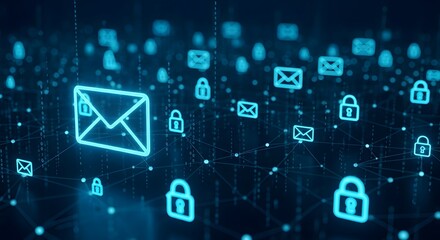 Illuminated Digital Security: A Vibrant Abstract Network of Glowing Email Envelopes, Padlocks, and Binary Code on a Deep Navy Blue Canvas, Representing Secure and Interconnected High-Tech